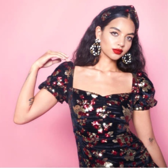 AUTUMN ADEIGBO Rosalie velvet sequin puff sleeve ruffle mini dress  8 NWOT - Picture 11 of 11